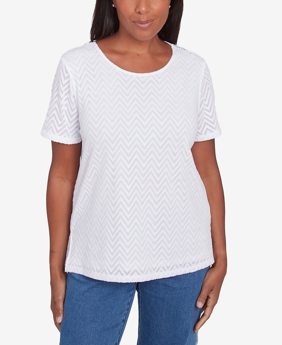 Alfred Dunner Petite Classics Textured Chevron Lace Back T-shirt In White