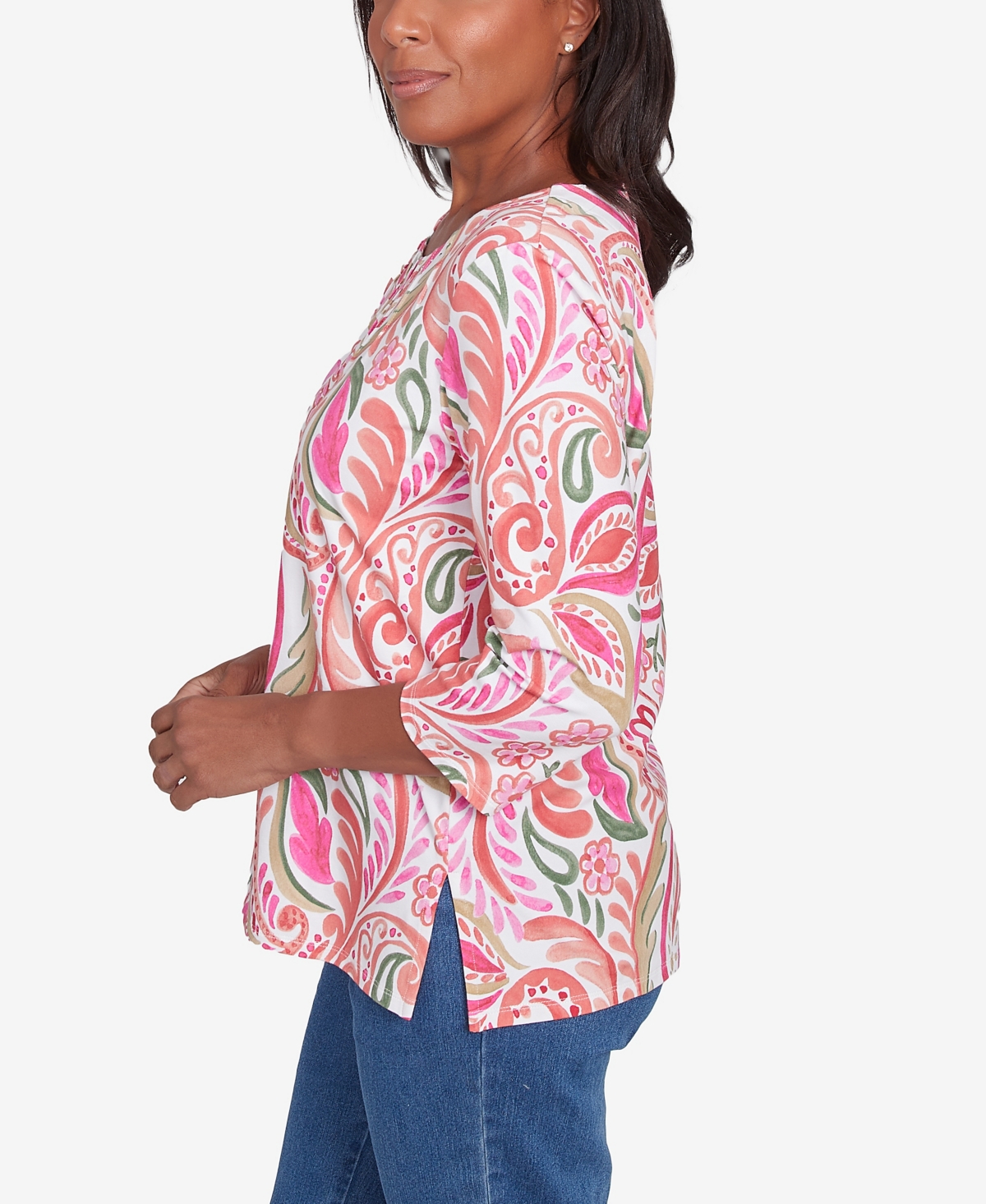 Alfred Dunner Petite Classics Embellished Crewneck Paisley Top In Coral