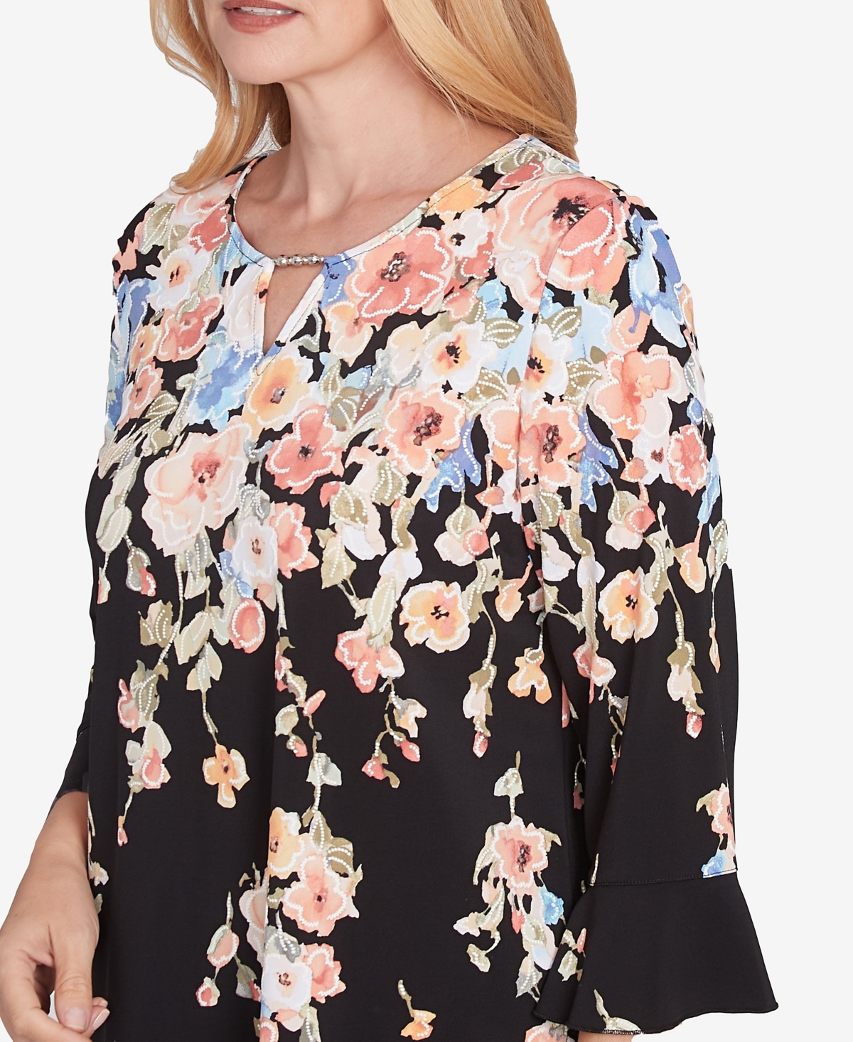 Alfred Dunner Plus Size Classic Falling Flower Beaded Split Neck Top In Black