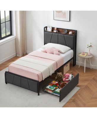 Twin Size Bed Frame with 2 Storage Drawers and Charging Station, Rustic Linen Upholstered Platform Bedframe with Storage Headboard