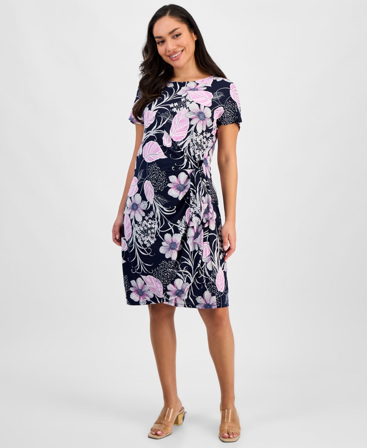 Petite Printed Jersey Side-Tie Sheath Dress - Navy Orchid