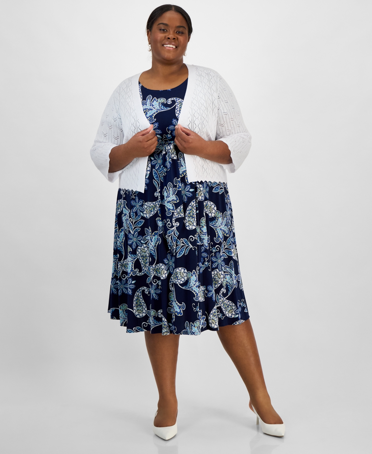 Plus Size Pointelle Knit 3/4-Sleeve Open-Front Shrug - White