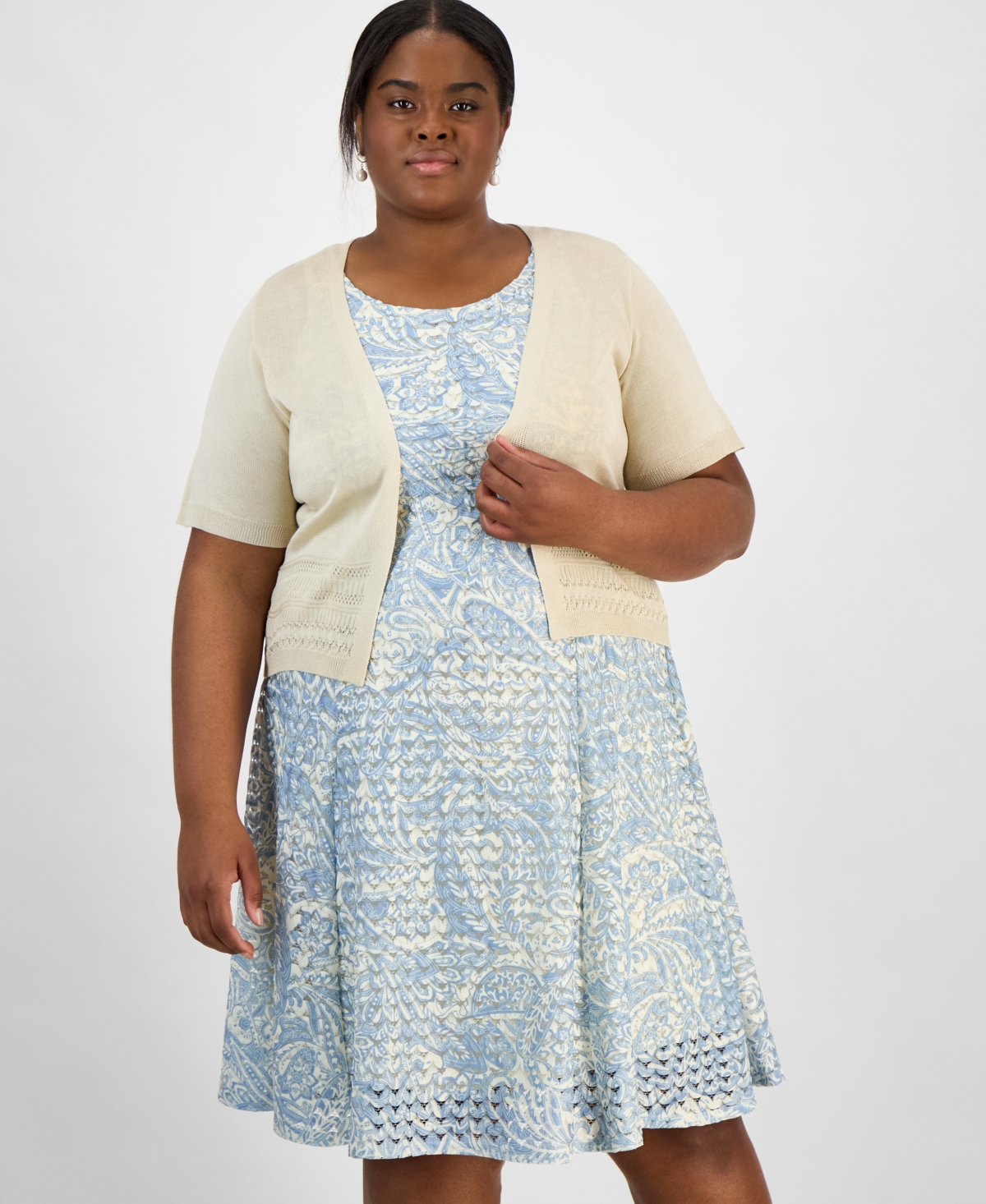 ROBBIE BEE PLUS SIZE POINTELLE KNIT SHRUG & PRINTED A-LINE DRESS SET 