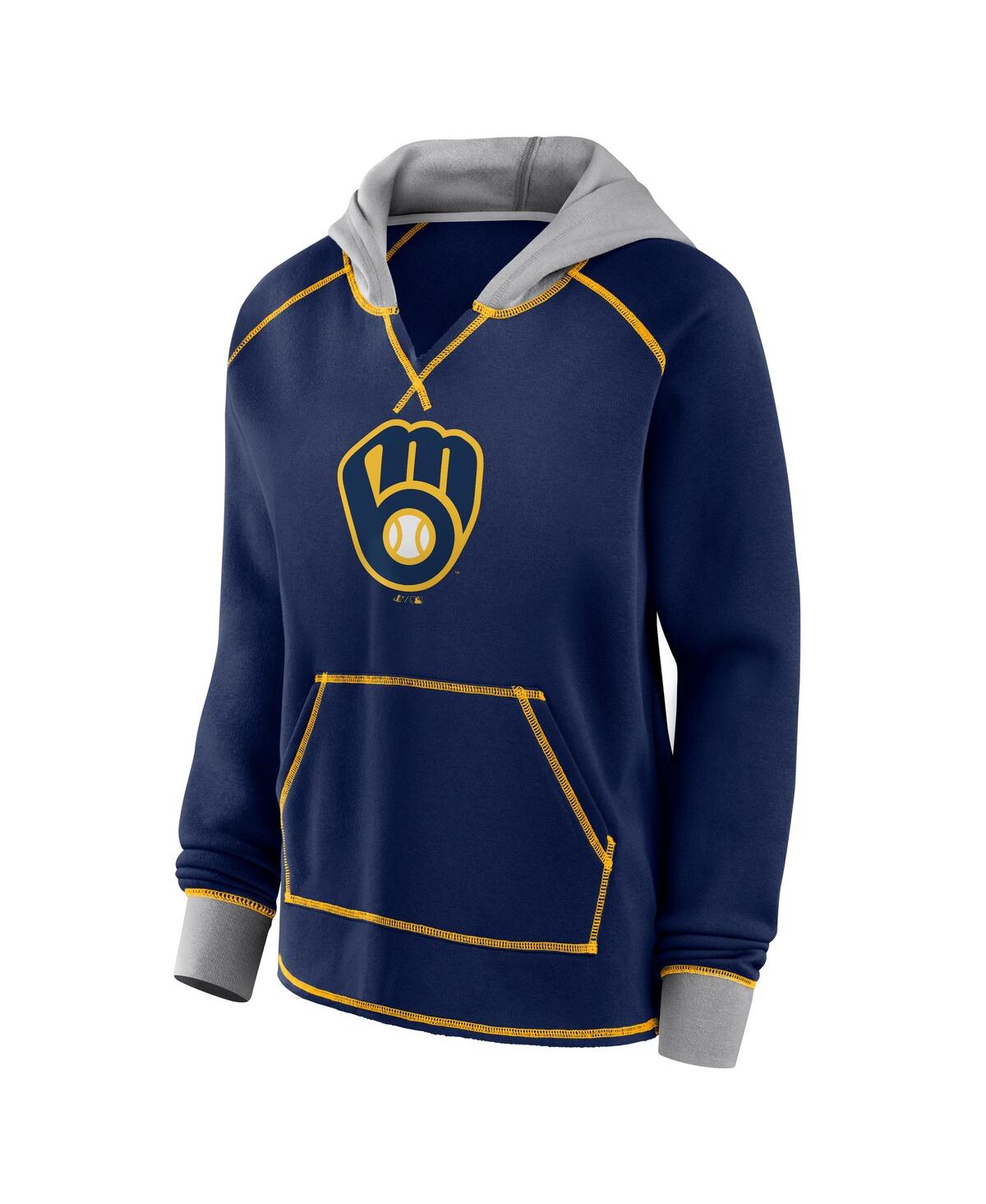 Fanatics Women's Navy Milwaukee Brewers Boom Fleece Pullover V-neck Hoodie In Navy,steel