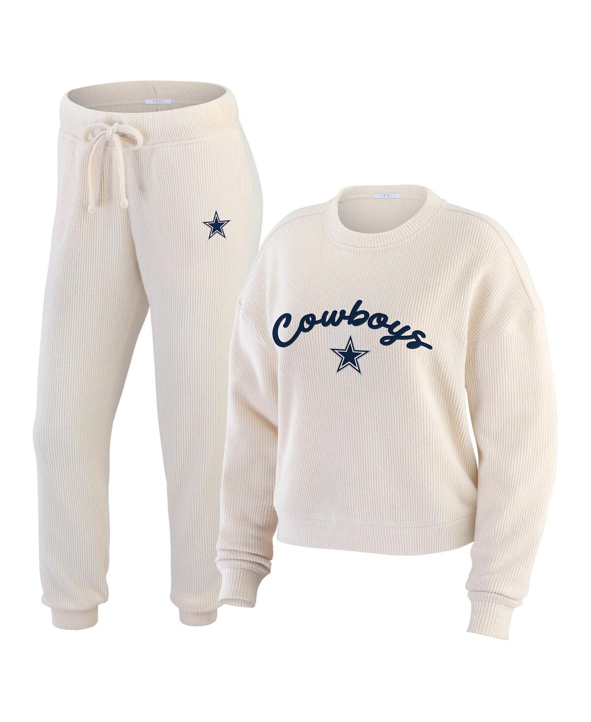 Women's Oatmeal Dallas Cowboys Plus Size Rib-Knit Long Sleeve T-Shirt Pants Lounge Set - Oatmeal