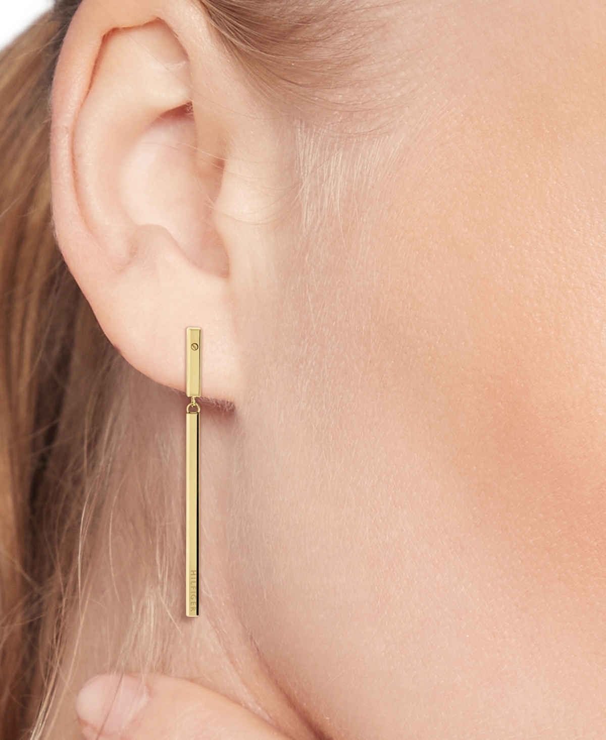 Tommy Hilfiger Linear Logo Bar Drop Earrings In Gold