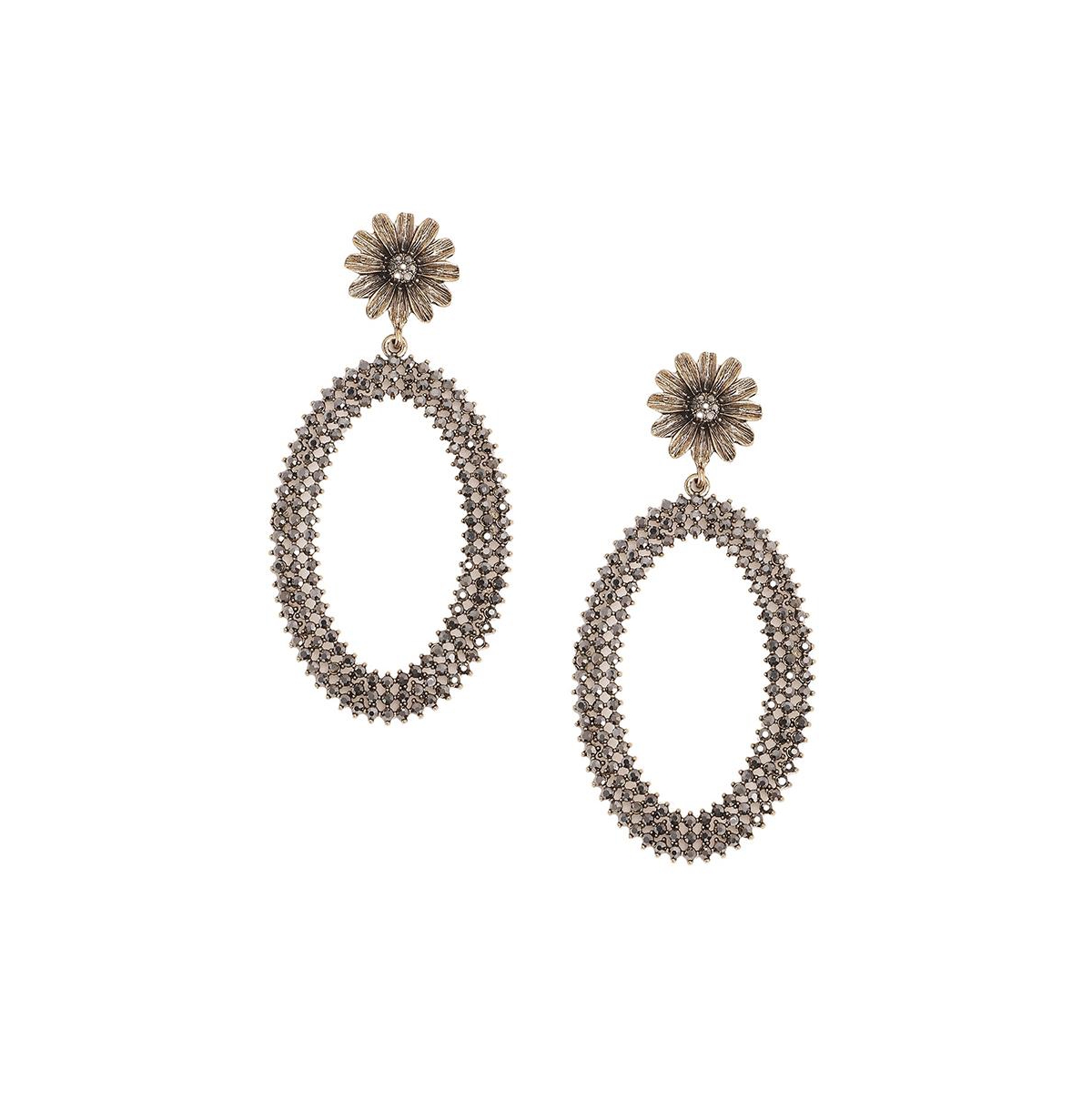 Sohi Maxi Daisy Intricate Oval Drop Earrings In Silver