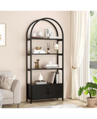 4 Tier Bookshelf, Arched Bookcase with Doors Storage