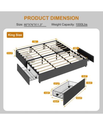 King Bed Frame, Platform Bed Frame, Fabric Upholstered with 4 Storage Drawers