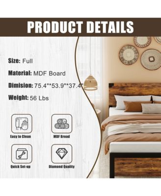 Full Bed Frame, Platform Full Size Bed Frame with Wood Headboard