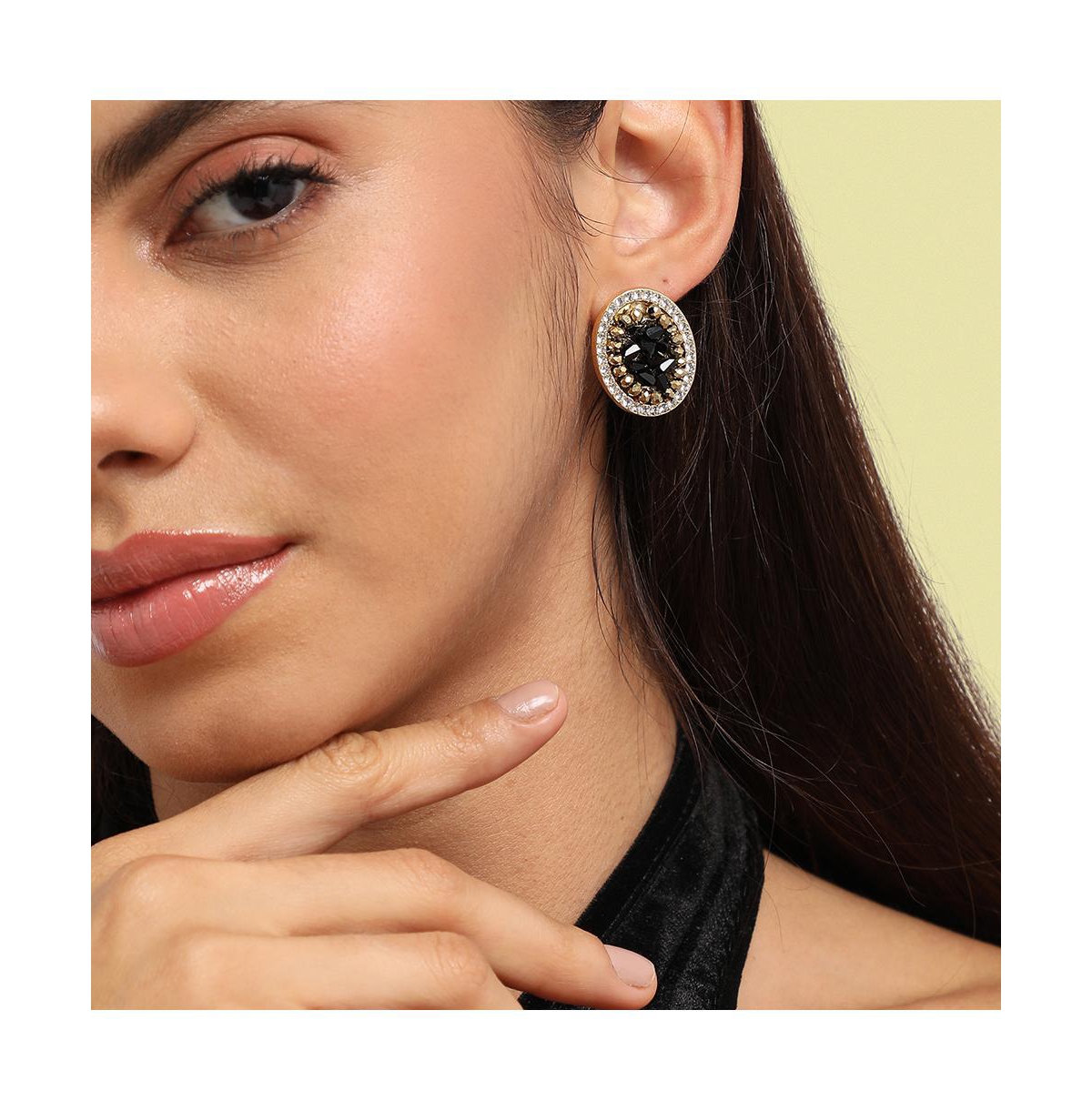 Sohi Embellished Cluster Oval Stud Earrings In Black