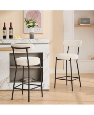 Bar Stools Set of 2, 27 Inches Boucle Counter Height Bar Stools, White Bar Stools with Backs, Mid-Century Modern Bar Stools for Kitchen Island, Dining Room
