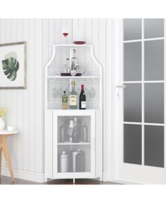 Corner Wine Bar Rack Cabinet with Detachable Wine Rack, Home Bar Cabinet with Barn Door and Adjustable Shelf, Wine Bar Cabinet and Buffet Cabinet with Mesh Door