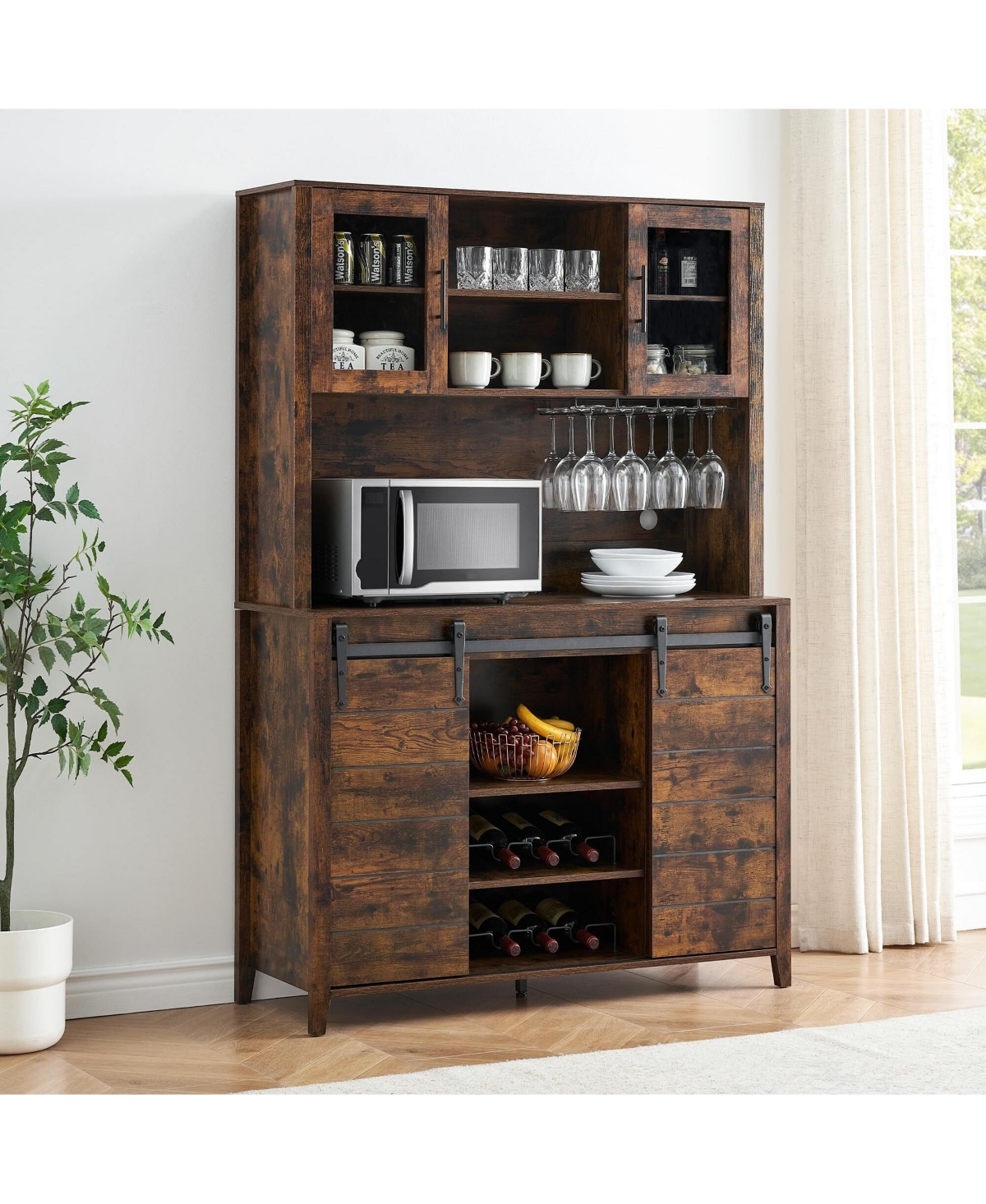 gaomon 70'' Tall Farmhouse Coffee Bar Cabinet, Kitchen Hutch Storage with Sliding Barn Door, Kitchen Buffet with Wine Rack, Glass Holder