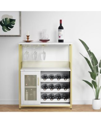 Wine Bar Cabinet with LED Light 36''H Coffee Bar Cabinet with Detachable Wine Rack and Glass Holder Kitchen Buffet Sideboard w/Storage Shelf Freestanding Liquor Cabinet for Living Room