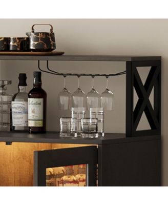 Farmhouse Wine Bar Cabinet with Tempered Glass Doors, Wine and Goblet Holder,Liquor Storage Cabinet for Dining Room, Living Room, Kitchen