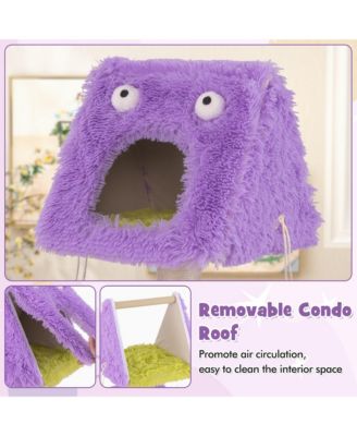 Cat Tree Cute Monster-Themed Cat Tower w/ 2 Private Condos & Soft Long Plush