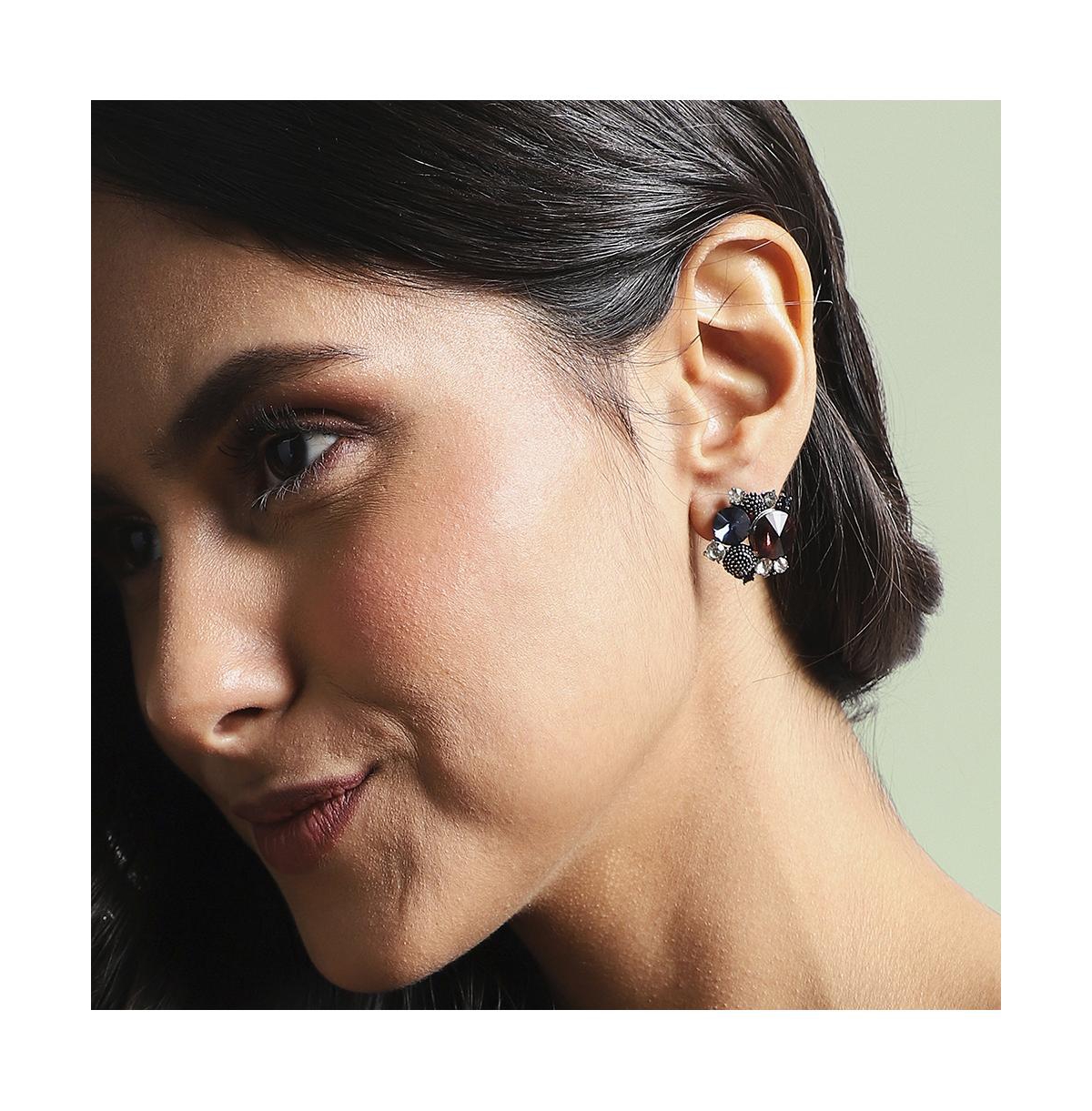 Sohi Crystal Textured Stud Earrings In Grey
