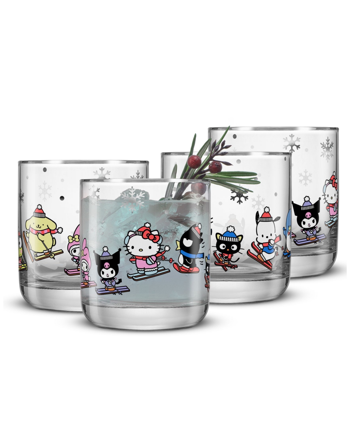 JOYJOLT HELLO KITTY AND FRIENDS WINTER WONDERLAND SHORT GLASSES, SET OF 4 