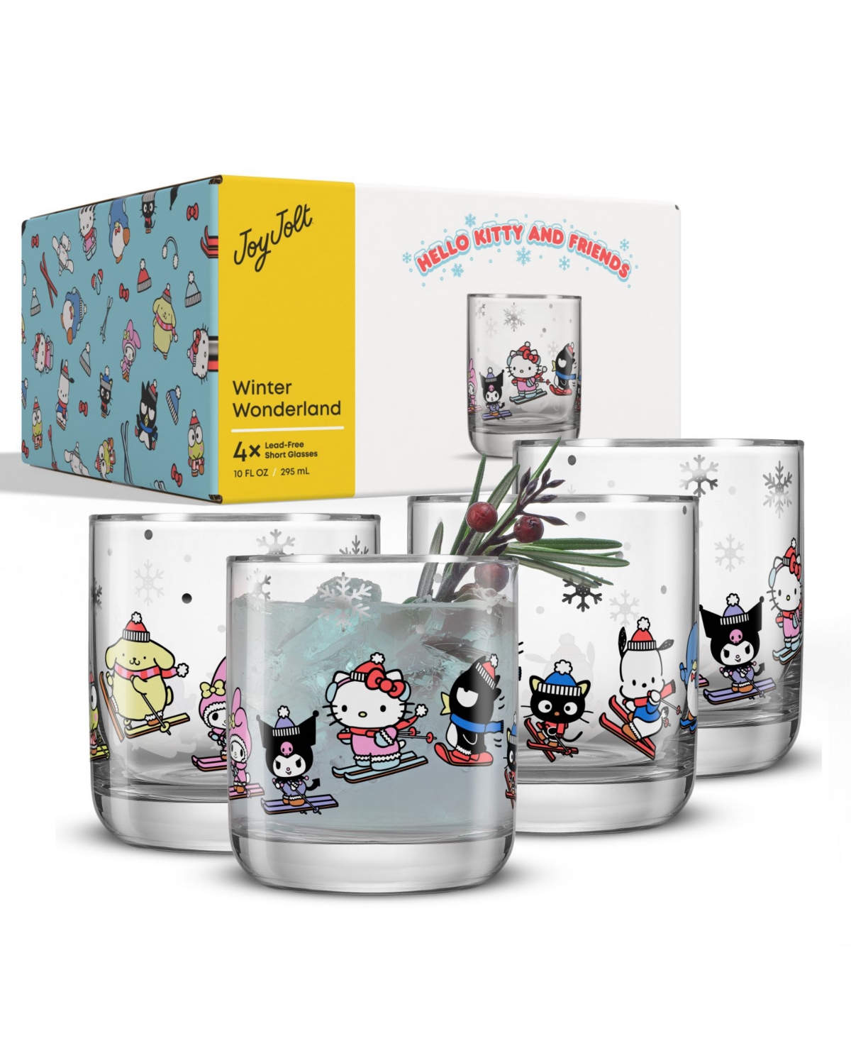 JOYJOLT HELLO KITTY AND FRIENDS WINTER WONDERLAND SHORT GLASSES, SET OF 4 