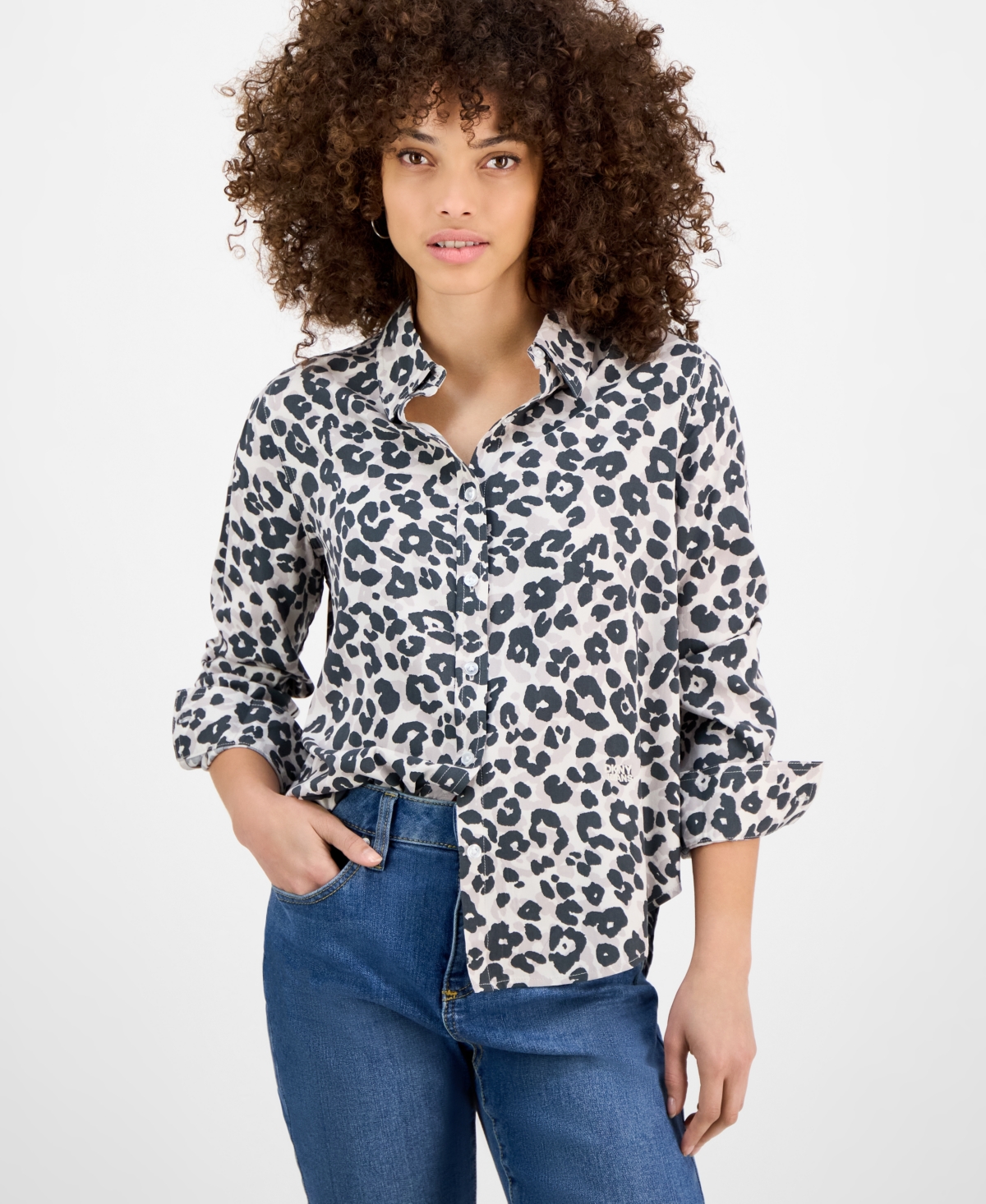 DKNY JEANS PETITE CAT-PRINT FOLD-COLLAR BLOUSE 