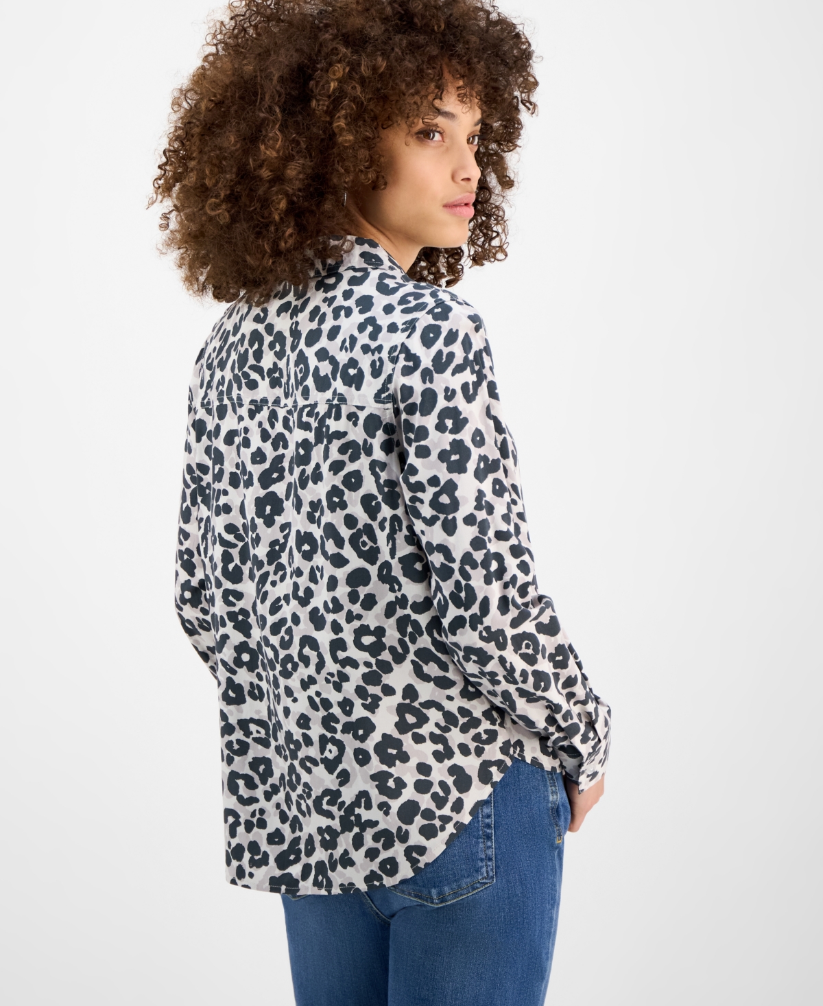 DKNY JEANS PETITE CAT-PRINT FOLD-COLLAR BLOUSE 