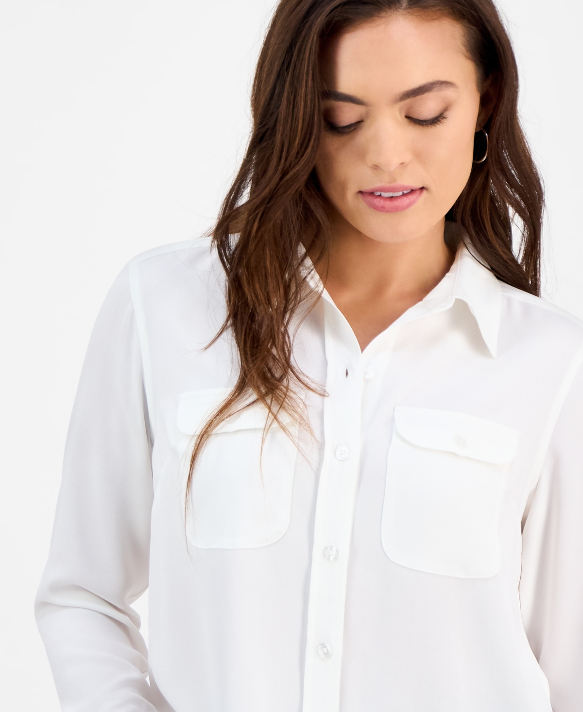 Inc International Concepts Petite Button-pocket Long-sleeve Shirt, Exclusively At Macy's In White