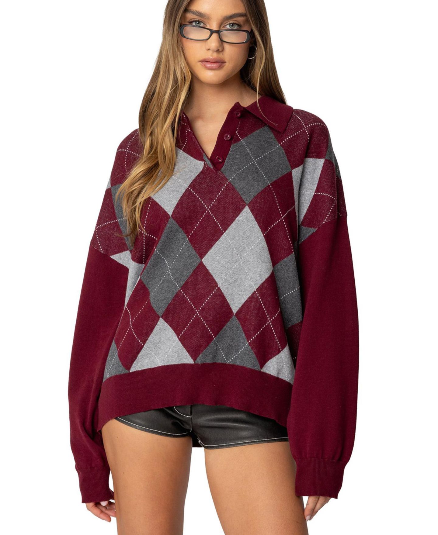 Женский свитер Edikted Argyle Oversized Polo Sweater, цвет: Бордовый — фото 1