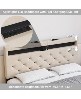 Full Size Bed Frame with Charging Station and LED Lights