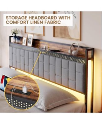 Full Size Bed Frame with LED Light and Charging Station, Upholstered Platform Bed with Storage Headboard, Metal Slat, Noise Free, Easy Assembly