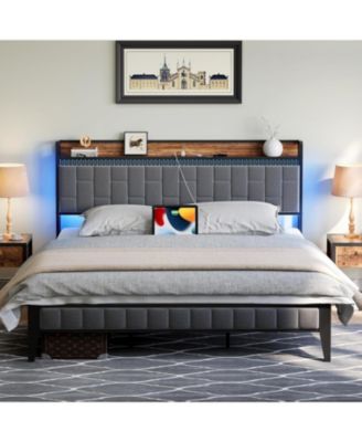 Queen Size Bed Frame with LED Light and Charging Station, Upholstered Platform Bed with Storage Headboard, Metal Slat, Noise Free, Easy Assembly