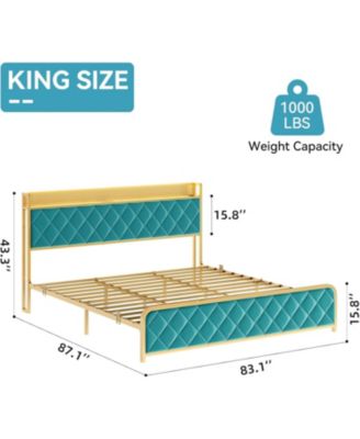 King Bed Frame with Velvet Storage Headboard, Heavy Duty Steel Slats Support Metal Platform Bed Frame w/Charging Station & LED, APP   Remote Control, Noise-Free/No Box Spring Needed