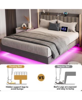 Queen Size Floating Bed Frame with LED Lights, Upholstered Platform Bed Frame with Charging Station & Storage Headboard, No Box Spring Needed