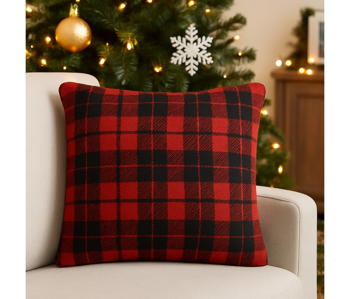 C&F Home 18" x 18" Red Black Plaid Woven Throw Pillow