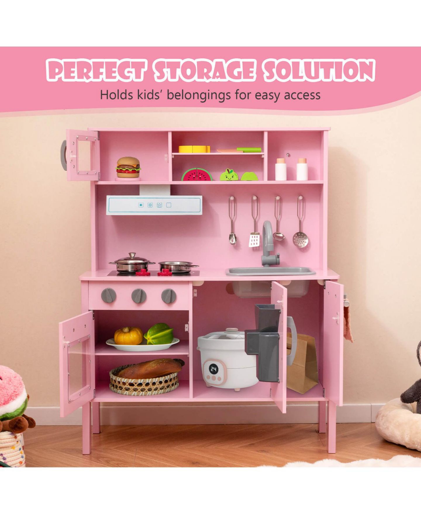 Детские игрушки Costway Chef Wooden 19-Piece Play Kitchen, Ages 3+, цвет: Розовый — фото 7