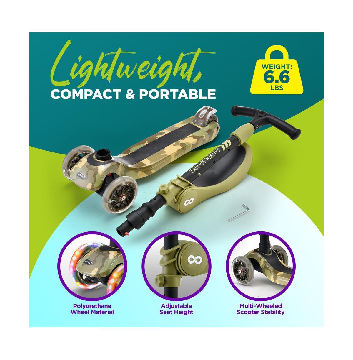 SereneLife Infinity 3-Wheel Kids Scooter With Led Wheels & Comfort Seat - Leopard