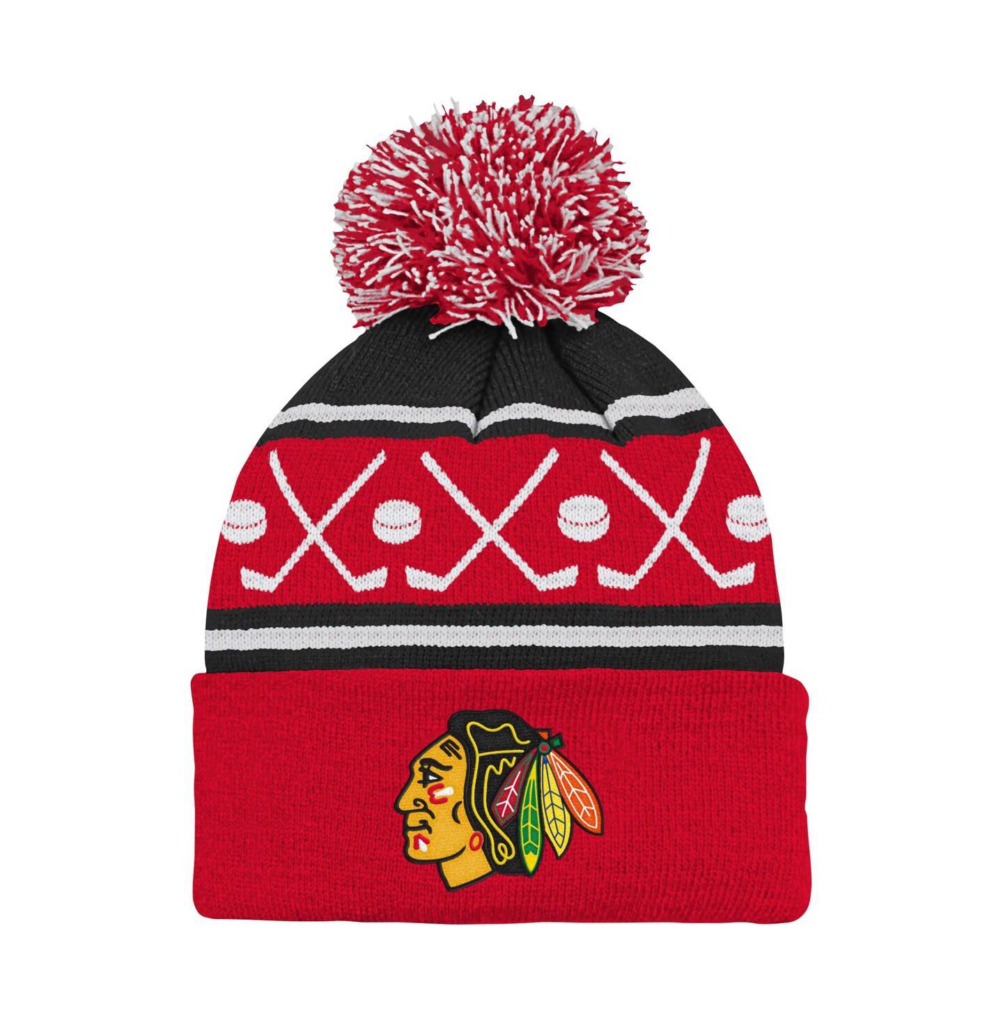 Детская вязаная шапка Outerstuff Chicago Blackhawks Face-Off с помпоном, красная — фото 1