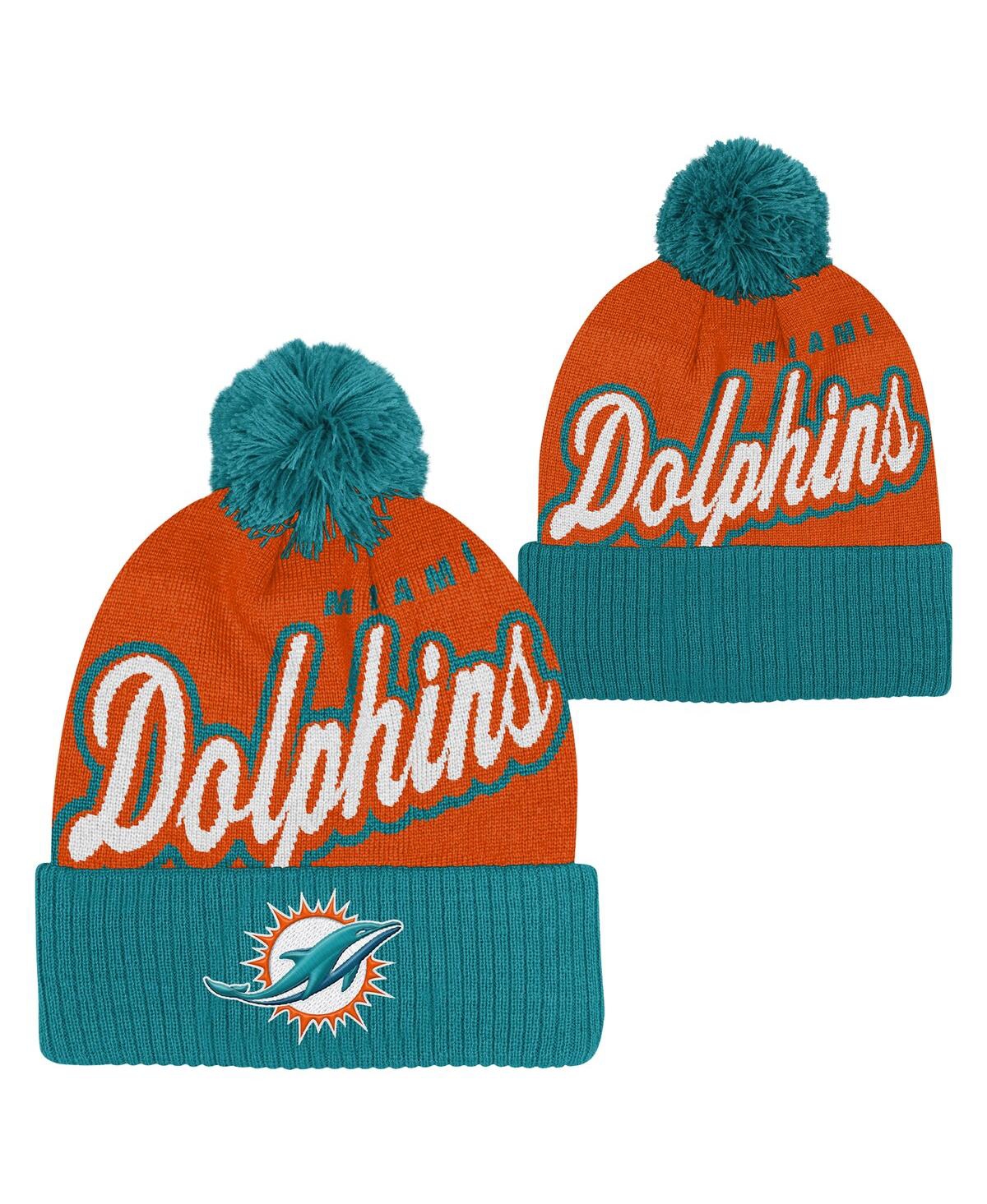 Outerstuff Big Boys And Girls Orange/aqua Miami Dolphins Pro-sport Jacquard Cuffed Knit Hat With Pom In Orange,aqua