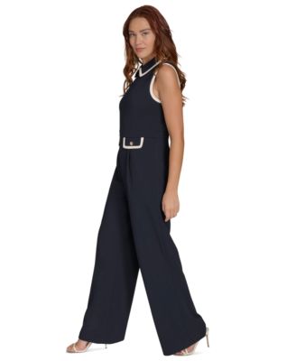 Women's Collared Contrast-Trim Sleeveless Straight-Leg Jumpsuit