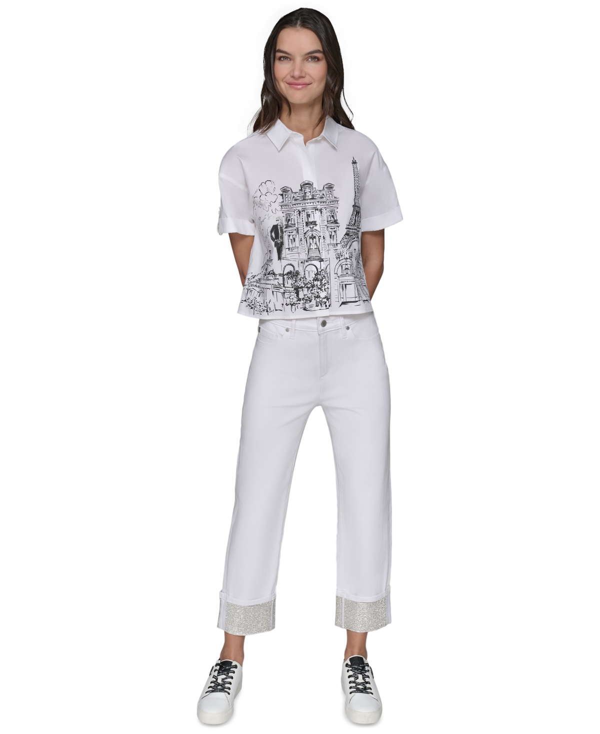 Karl Lagerfeld Petite Crystal-cuff Cropped Jeans