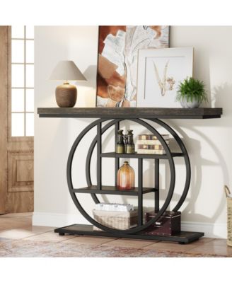 41.3" Console Table, Industrial 4-Tier Sofa Table Entryway Table with Circle Base, Narrow Wood Accent Tables with Shelves, Light Brown