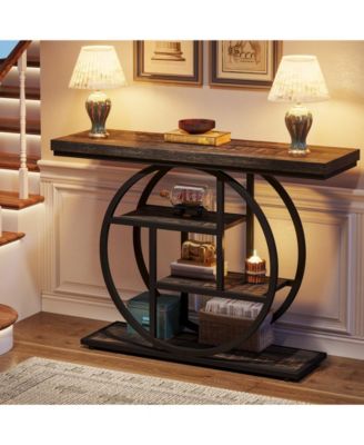 41.3" Console Table, Industrial 4-Tier Sofa Table Entryway Table with Circle Base, Narrow Wood Accent Tables with Shelves, Light Brown