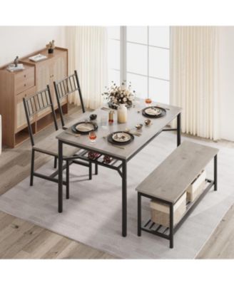 Dining Table Set for 4 Kitchen Table With Bench & 2 Chairs 4-Piece Dining Table Set w/ Storage Wine Rack Rectangular Dining Furniture Set With Chairs and Bench for Small Space, Apartment