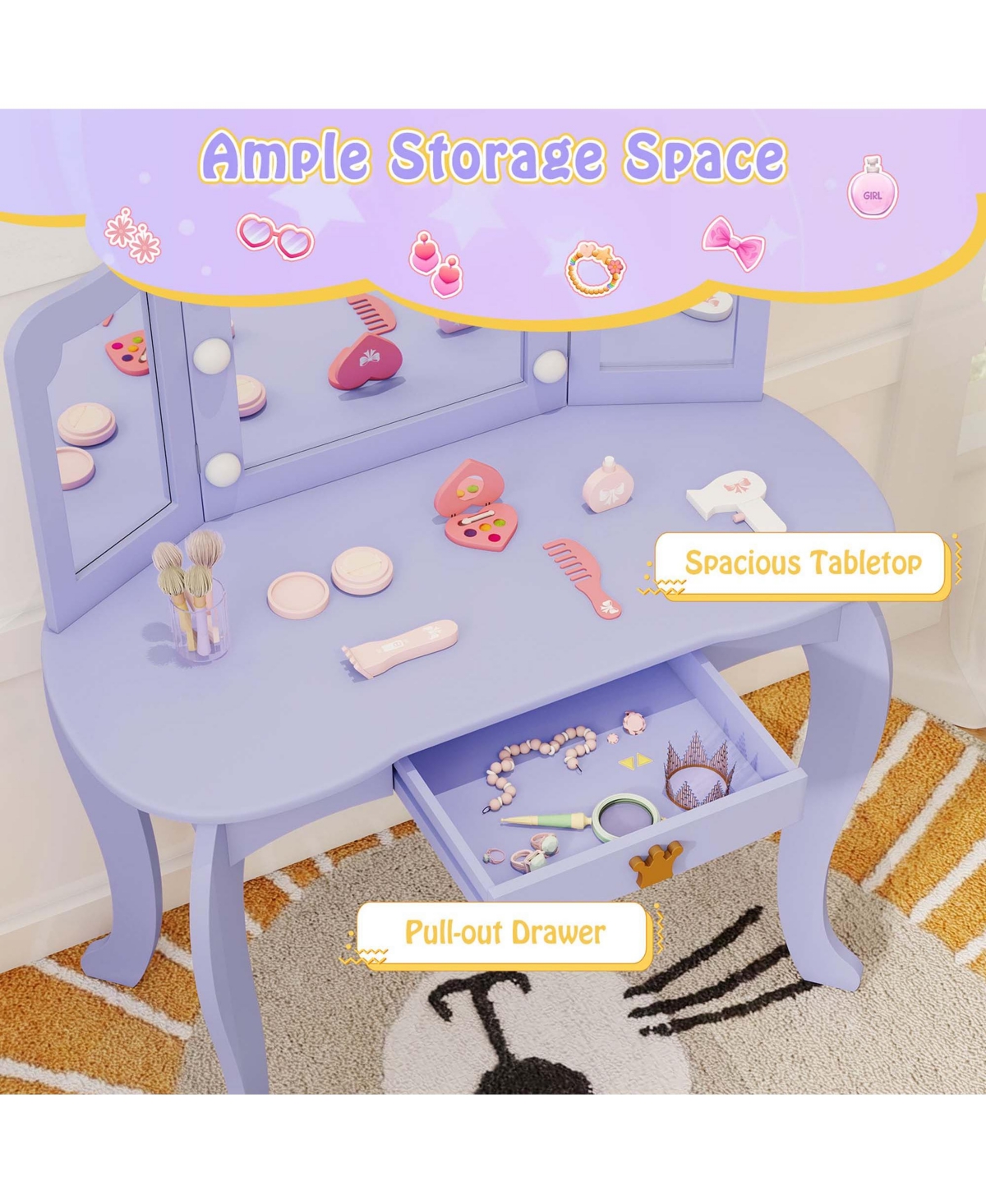 Costway Kids Vanity Set Princess Vanity Table & Chair Set with Lighted Mirror