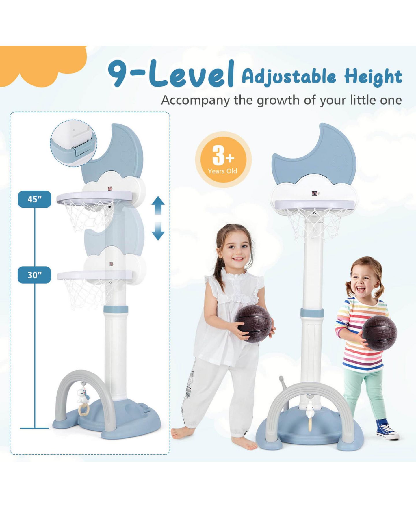 Детские игрушки Costway 4-in-1 Toddlers Basketball Hoop with Soccer Golf and Ring Toss Game, цвет: Синий — фото 8