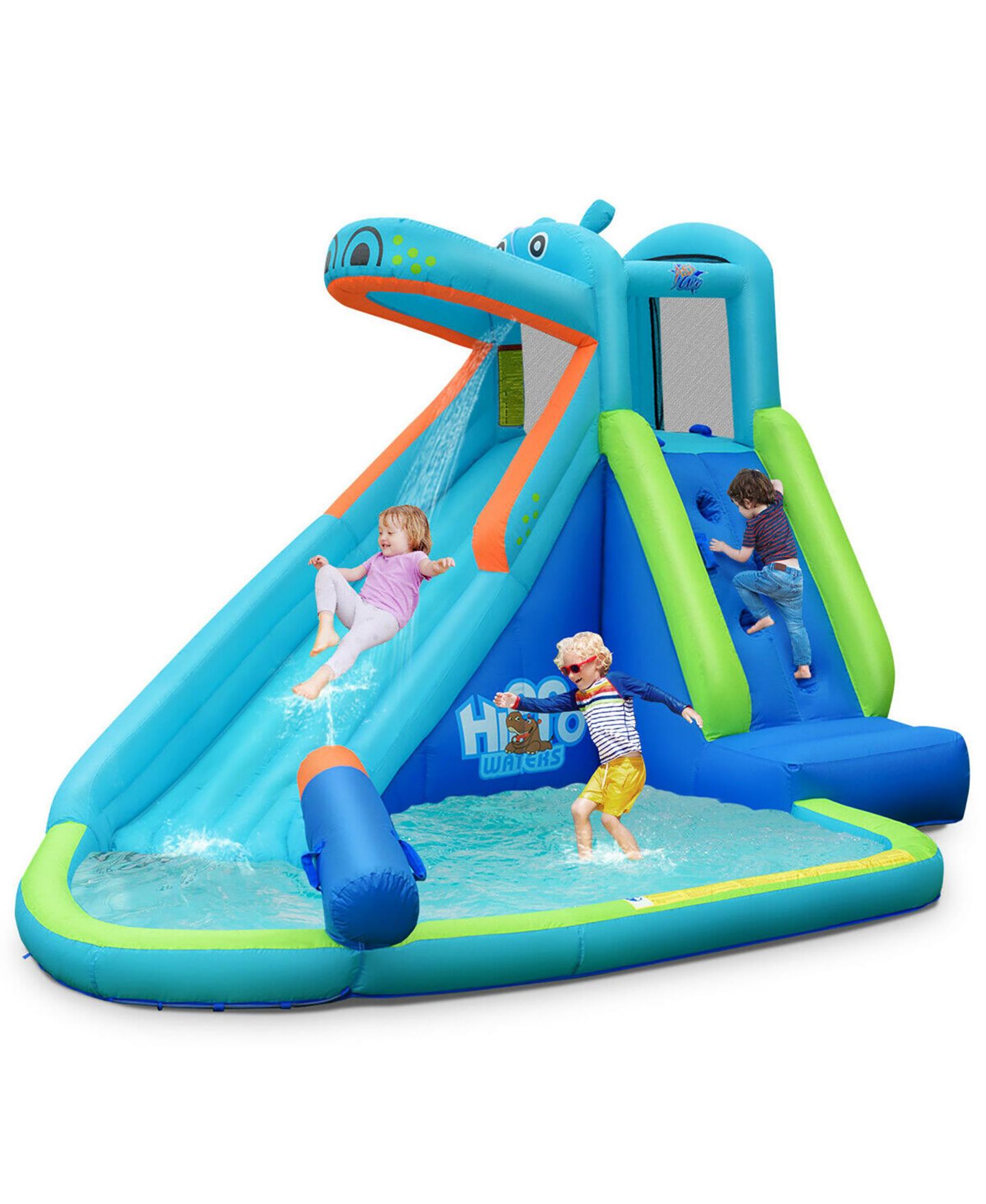 Детская игрушка Costway Inflatable Kids Hippo Bounce House Slide Climbing Wall Splash Pool w/, цвет: Синий — фото 1