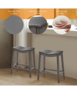 Set of 2 Saddle Bar Stools Counter Height Kitchen Chairs w/ Rubber Wood Legs