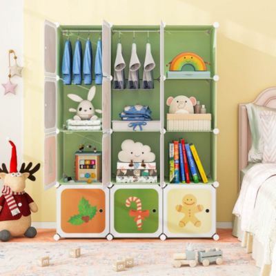 12-Cube Kids Wardrobe Baby Dresser Bedroom Armoire Clothes Hanging Closet with Doors