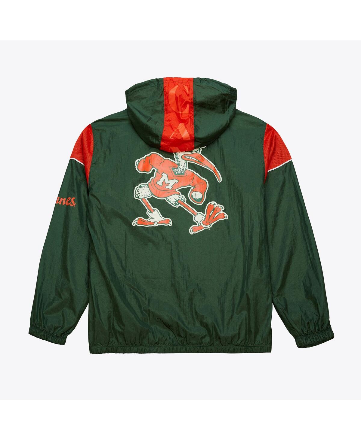 MITCHELL & NESS MEN'S GREEN MIAMI HURRICANES ANORAK VINTAGE LOGO HALF-ZIP HOODIE JACKET