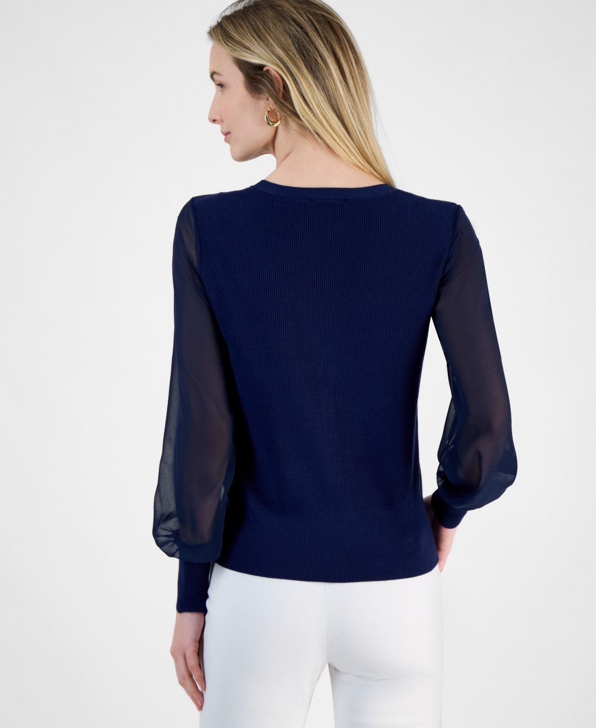 T Tahari Blouson Sleeve Rib Cardigan In Blue